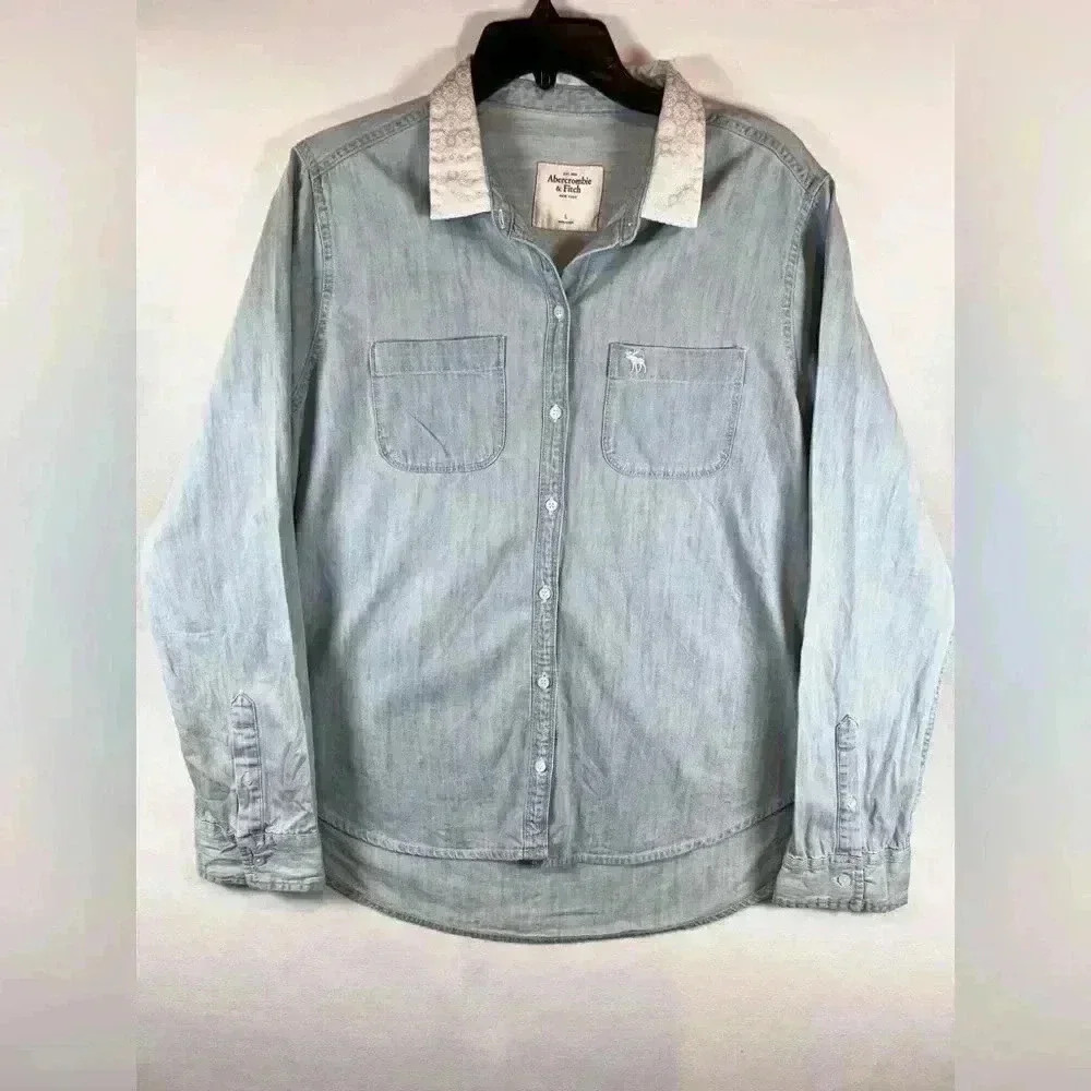 Abercrombie Fitch VTG chambray shirt top satin floral embroidered collar 90s Y2K